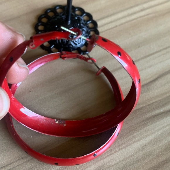 Vintage - Red Black Polka Dot Hoop Earrings - Picture 3 of 9